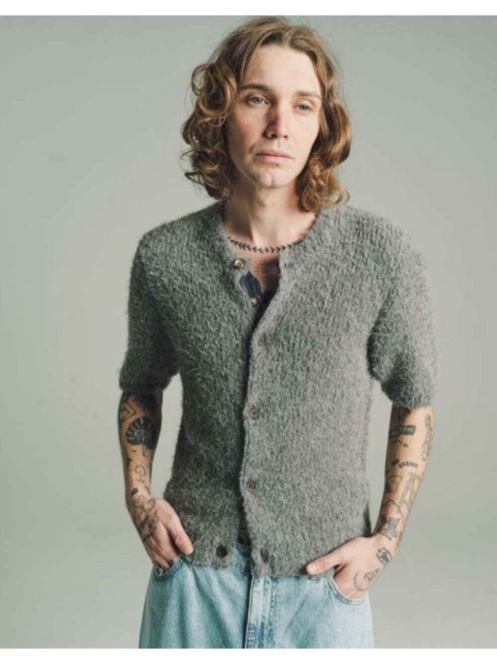 Our Legacy Gray Royal Critter Estate Llama Shrunken Shortsleeve Cardigan Sz 52